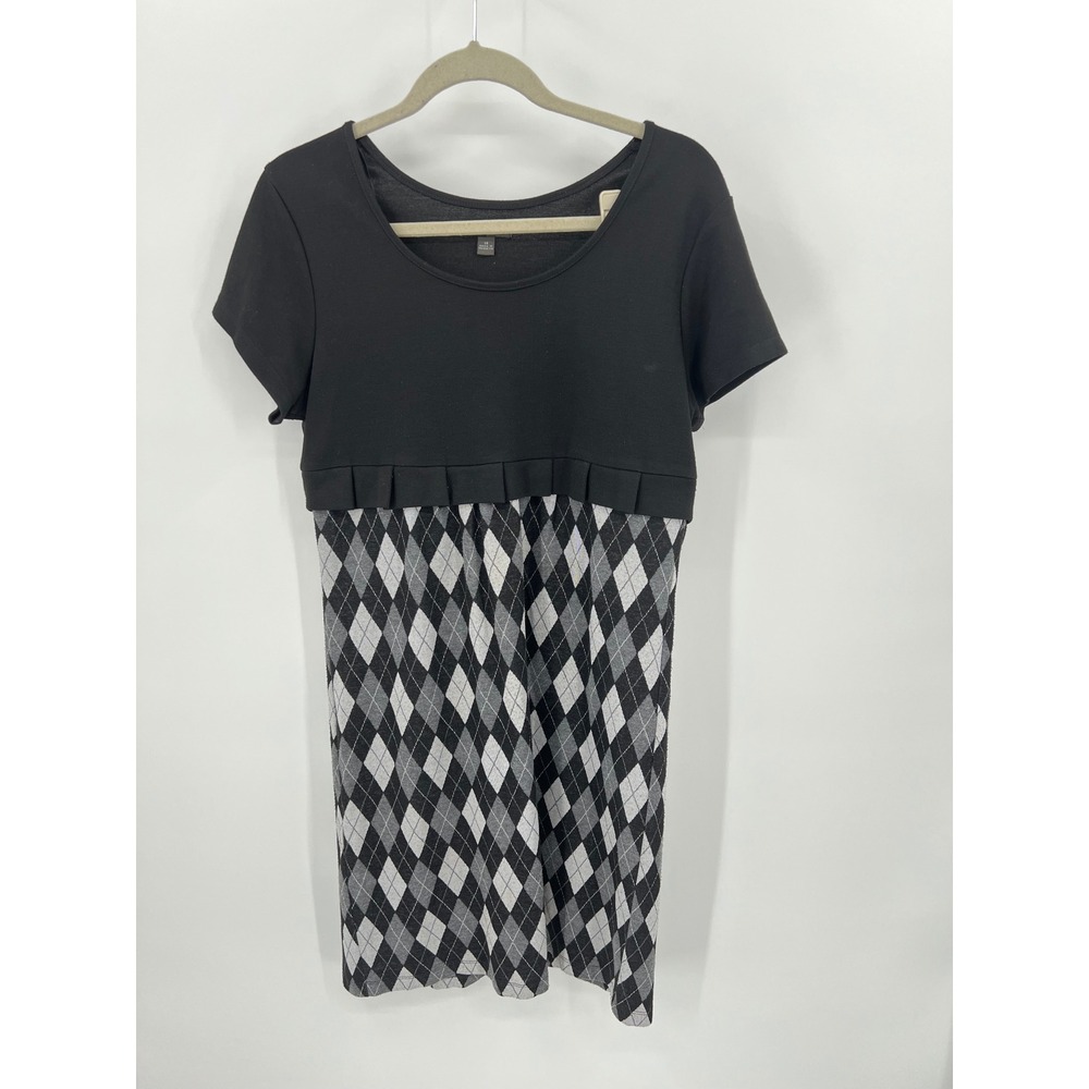 Voir Voir Womens Argyle Empire Waist Dress Black Grey White Short Sleeve Size 14